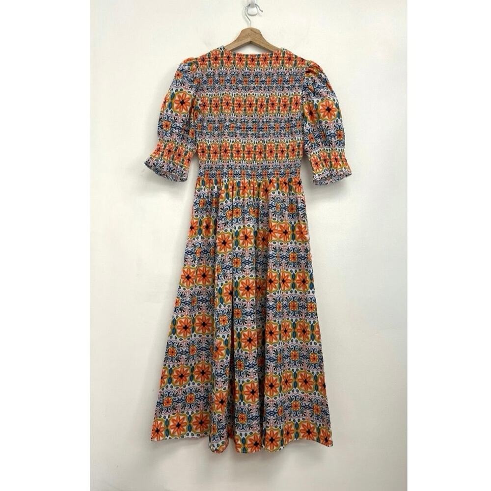 Boden Smocked Bodice Midi Dress Colorful Cute Tapestry Stripe Puff Sleeves US6 - Picture 4 of 13